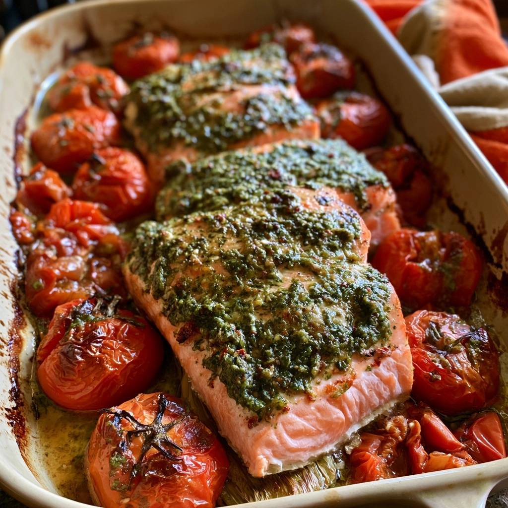 Lachs mit Pesto-Kruste und Ofentomaten