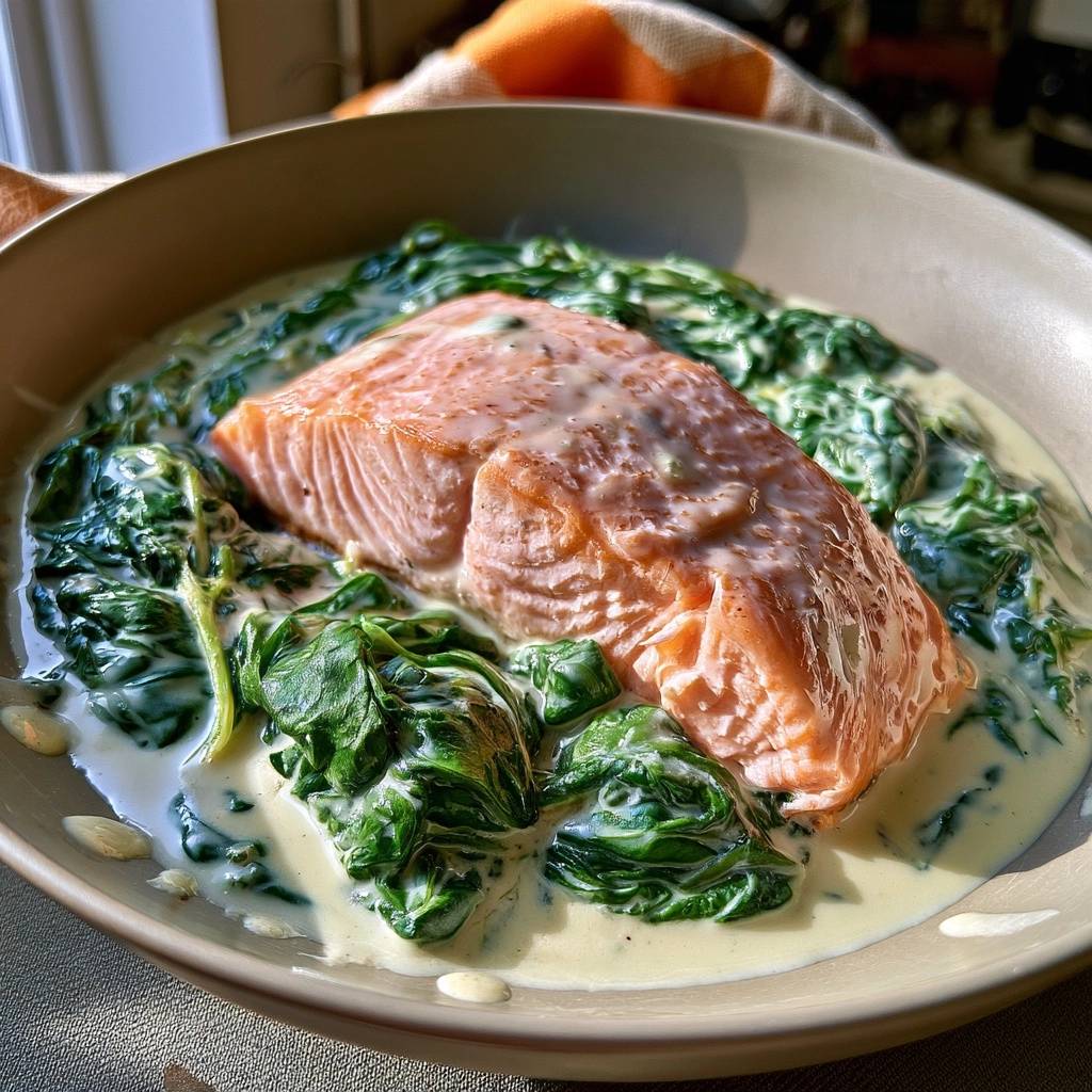 Lachsfilet auf Spinat in Sahnesoße