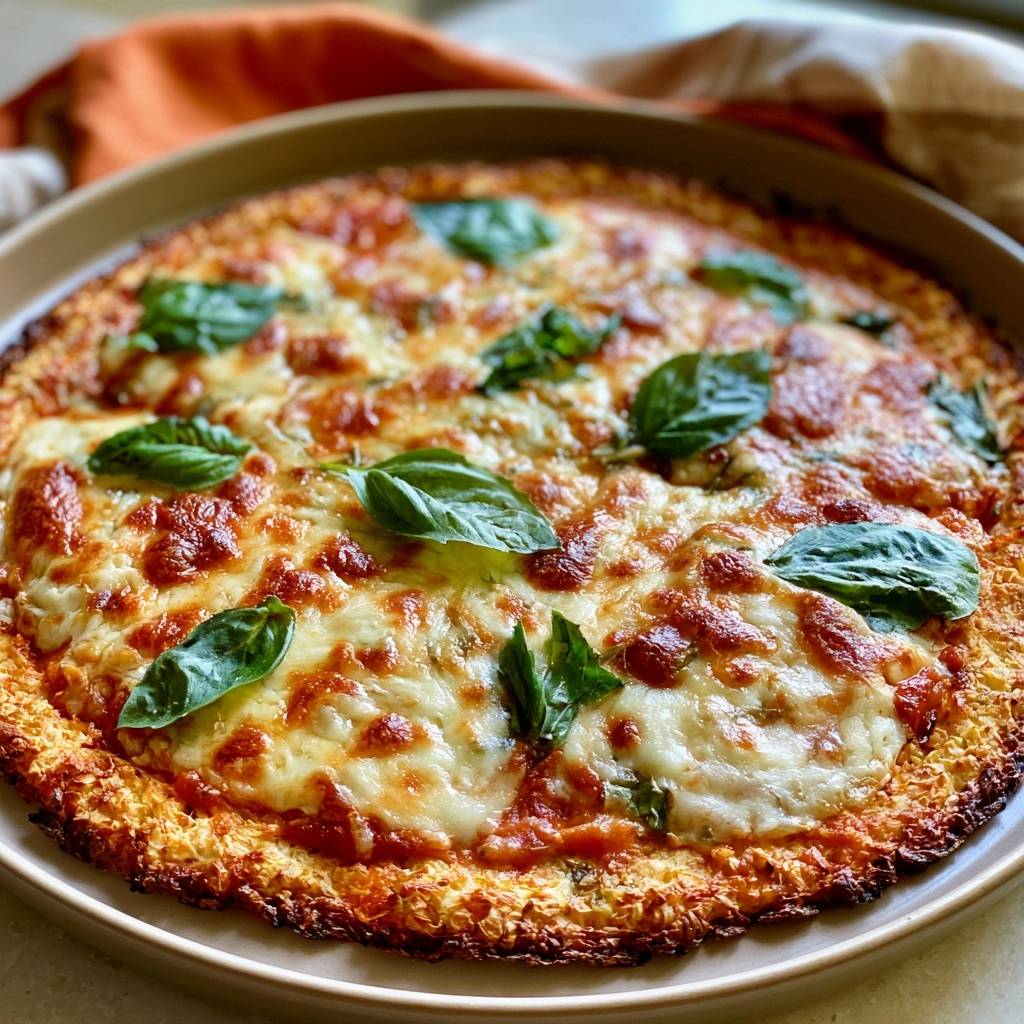Low-Carb-Blumenkohlpizza mit Mozzarella und Basilikum
