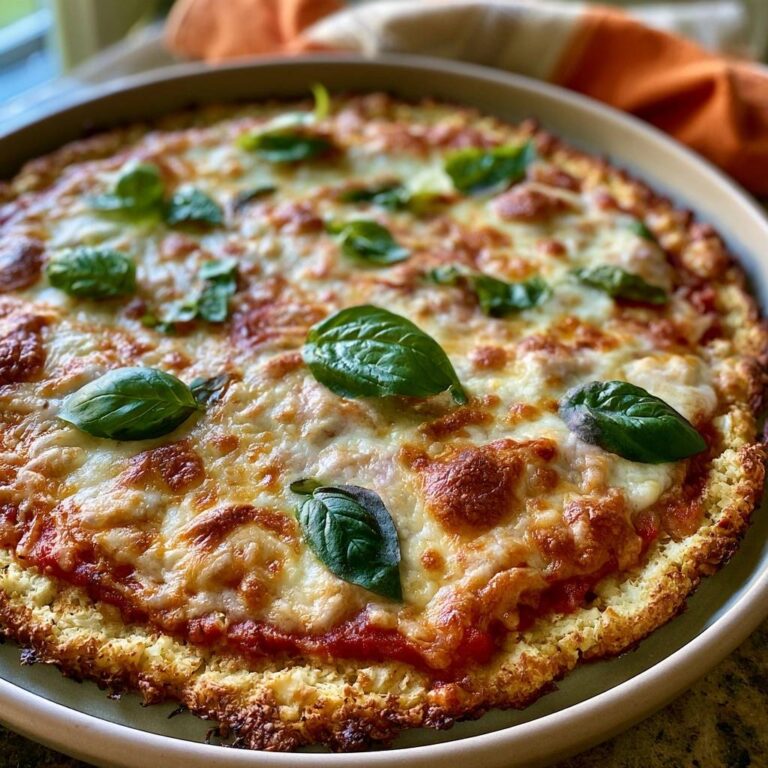 Low-Carb-Blumenkohlpizza mit Mozzarella und Basilikum