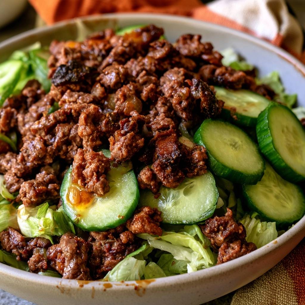 Low-Carb-Burger-Bowl mit Rinderhack und Gurke