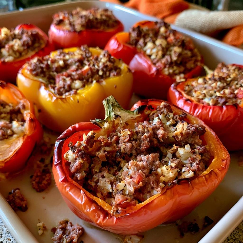 Low-Carb gefüllte Paprika mit Rinderhack und Blumenkohlreis