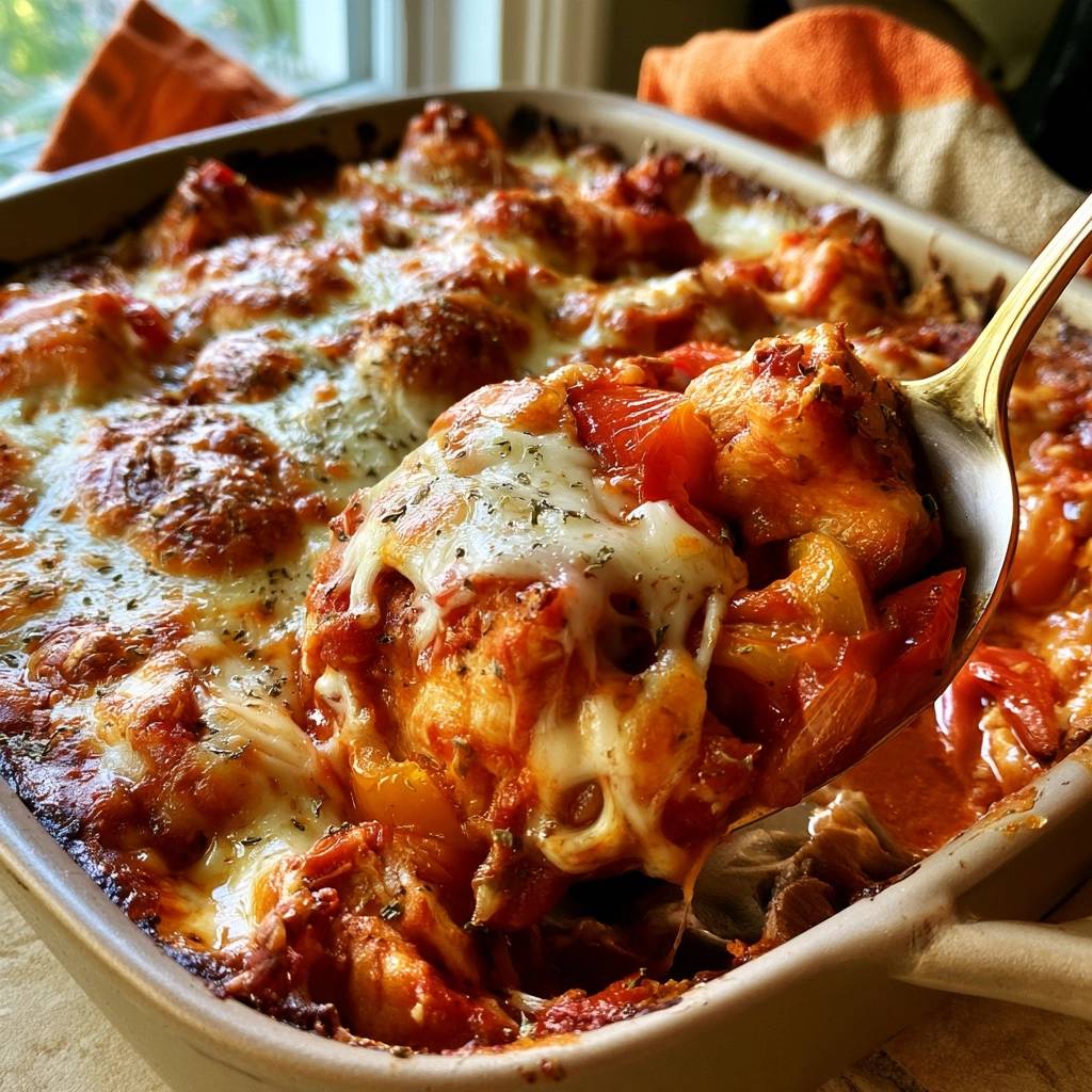 Low-Carb-Pizza-Auflauf mit Hähnchen und Paprika