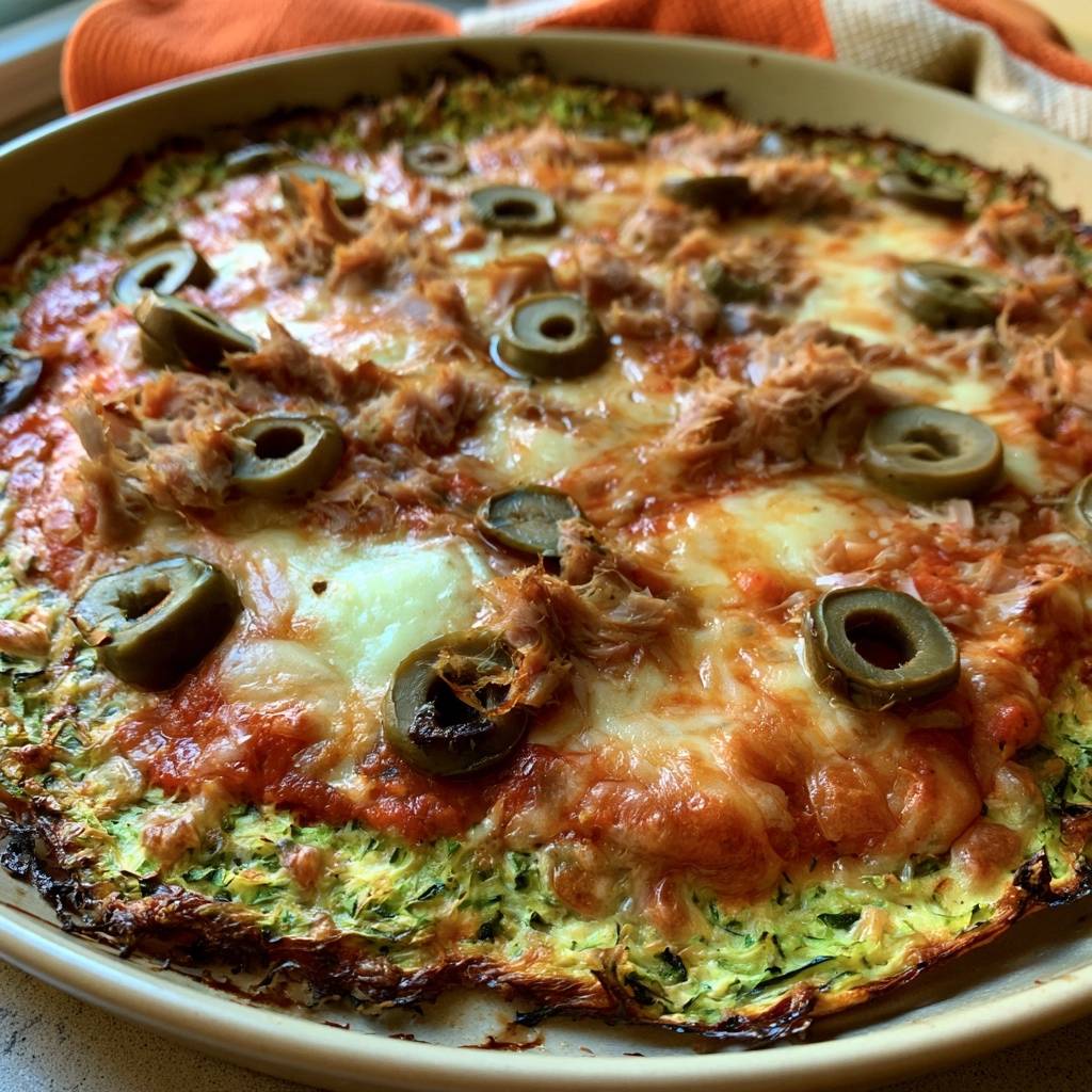 Low-Carb-Zucchiniboden-Pizza mit Thunfisch und Oliven