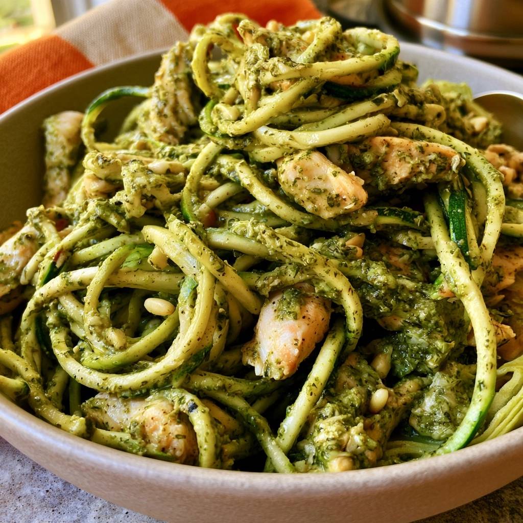 Low Carb Zucchininudeln mit Pesto und Hähnchen