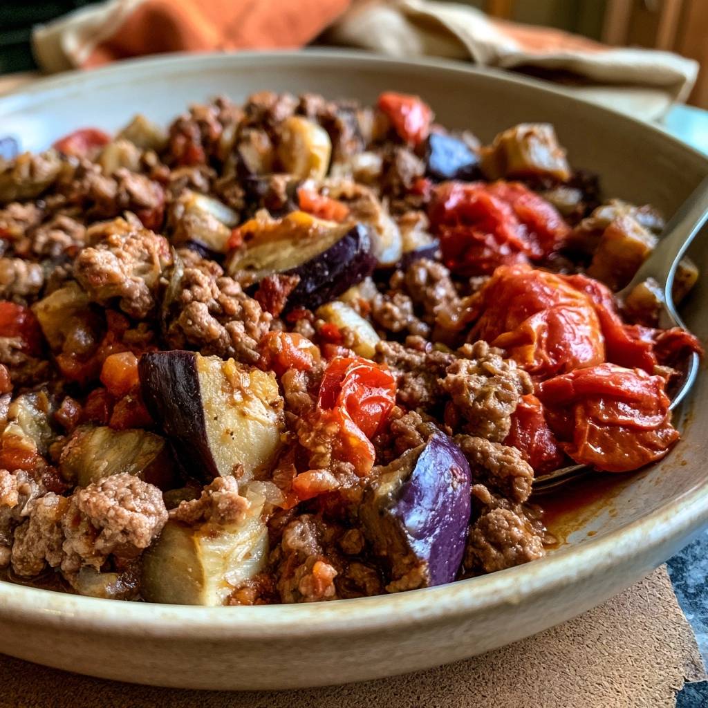 Rinderhack-Auberginen-Pfanne mit Tomaten