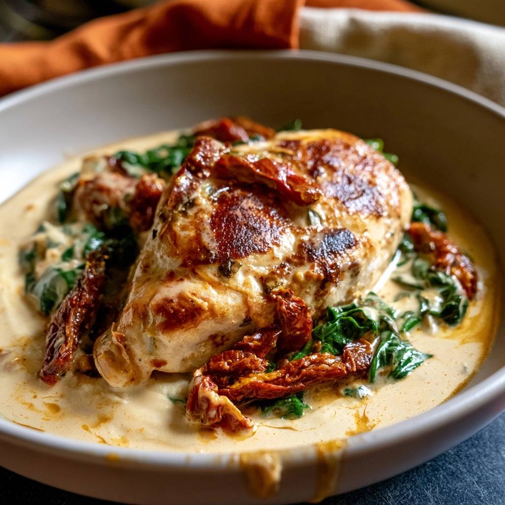 Toskanische Hähnchenpfanne mit Spinat und getrockneten Tomaten