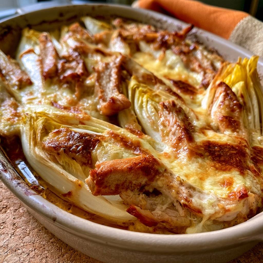 Überbackener Chicorée mit Putenbrust und Bergkäse