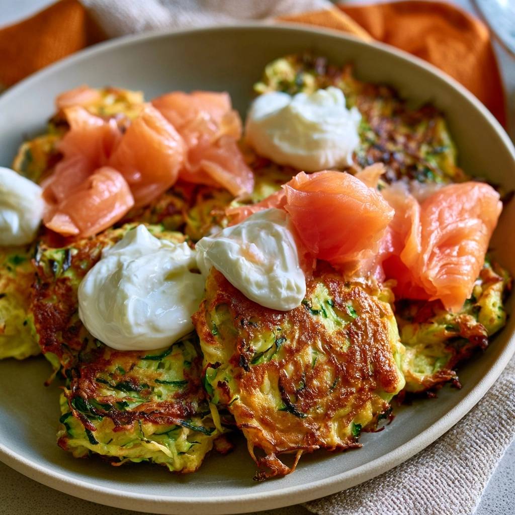 Zucchini-Puffer mit Räucherlachs und Schmand