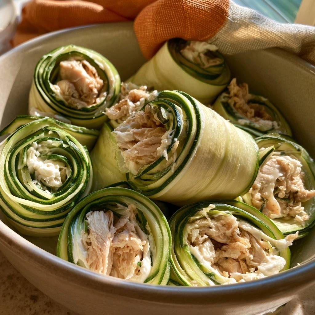 Zucchini-Röllchen mit Hähnchen und Frischkäse